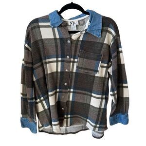 Vintage NY Jeans plaid shirt with denim collar medium
